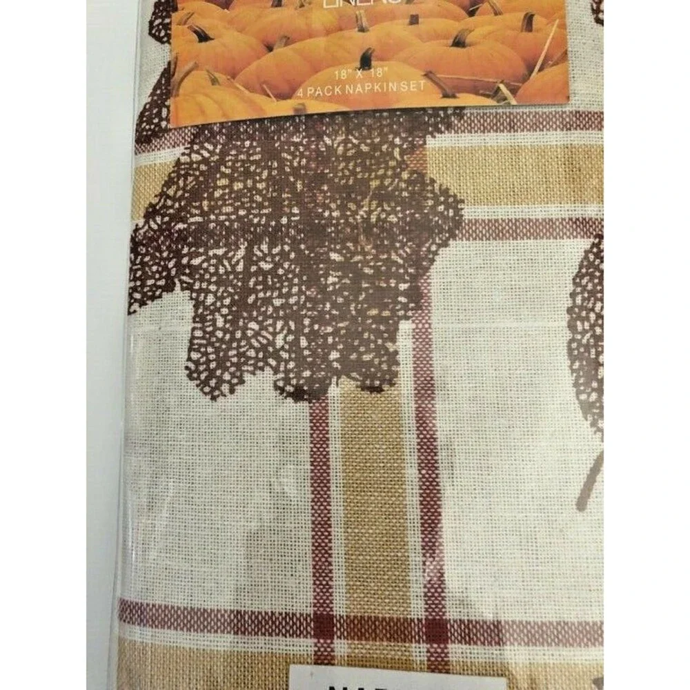 Thanksgiving Imprint Leaves Plaid Fabric Napkins Country Cabin Lodge Set of 4
